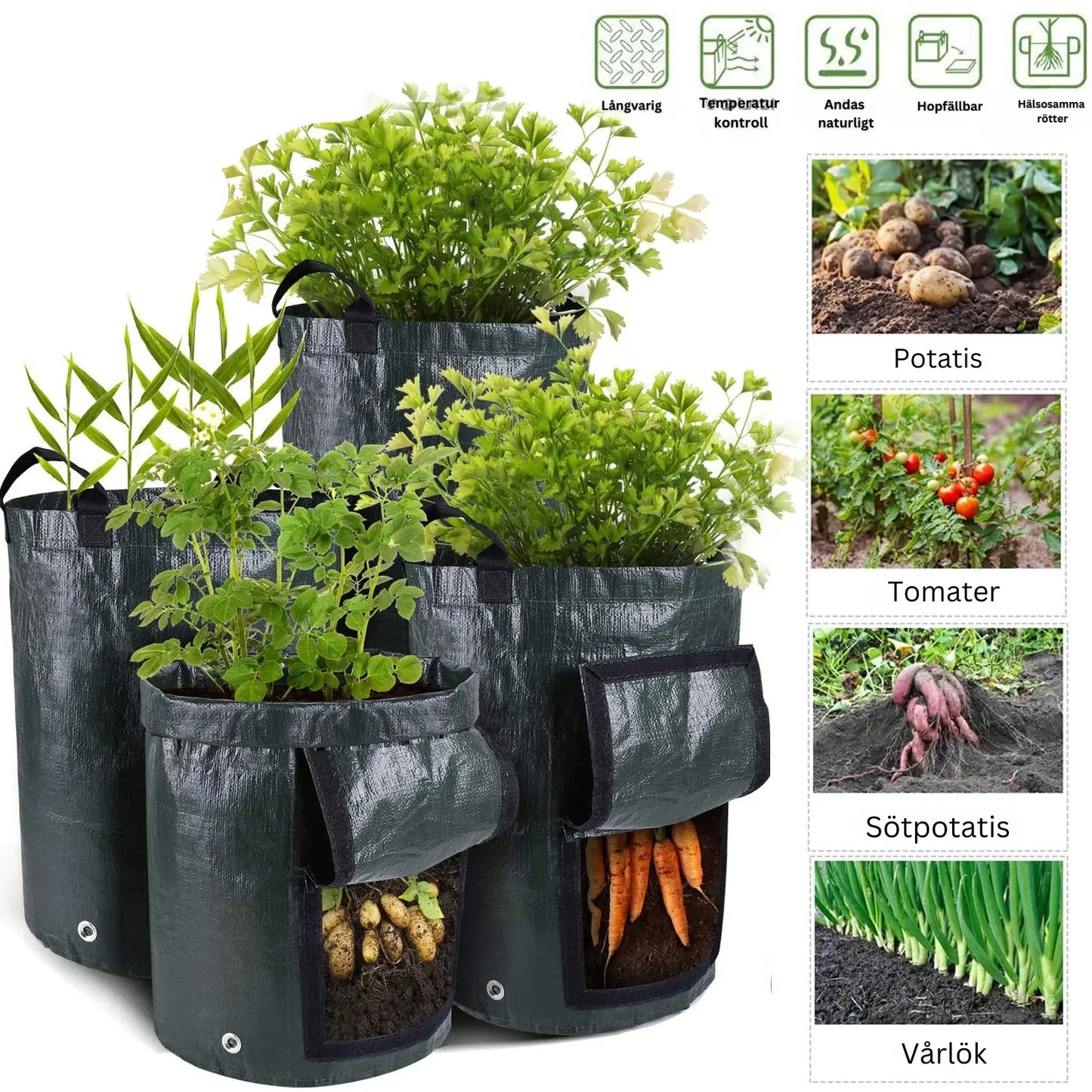 Odlingspåsar för Grönsaker – Andningsbara Grow Bags med Skördefönster Hemviro