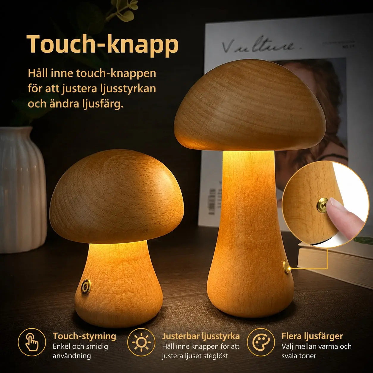 Träsvampslampa LED – Touchstyrd Nattlampa i Nordisk Design Hemviro